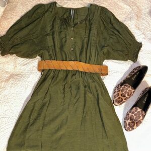Olive Green Knee Length Dress w/ Pockets (Anthropologie)